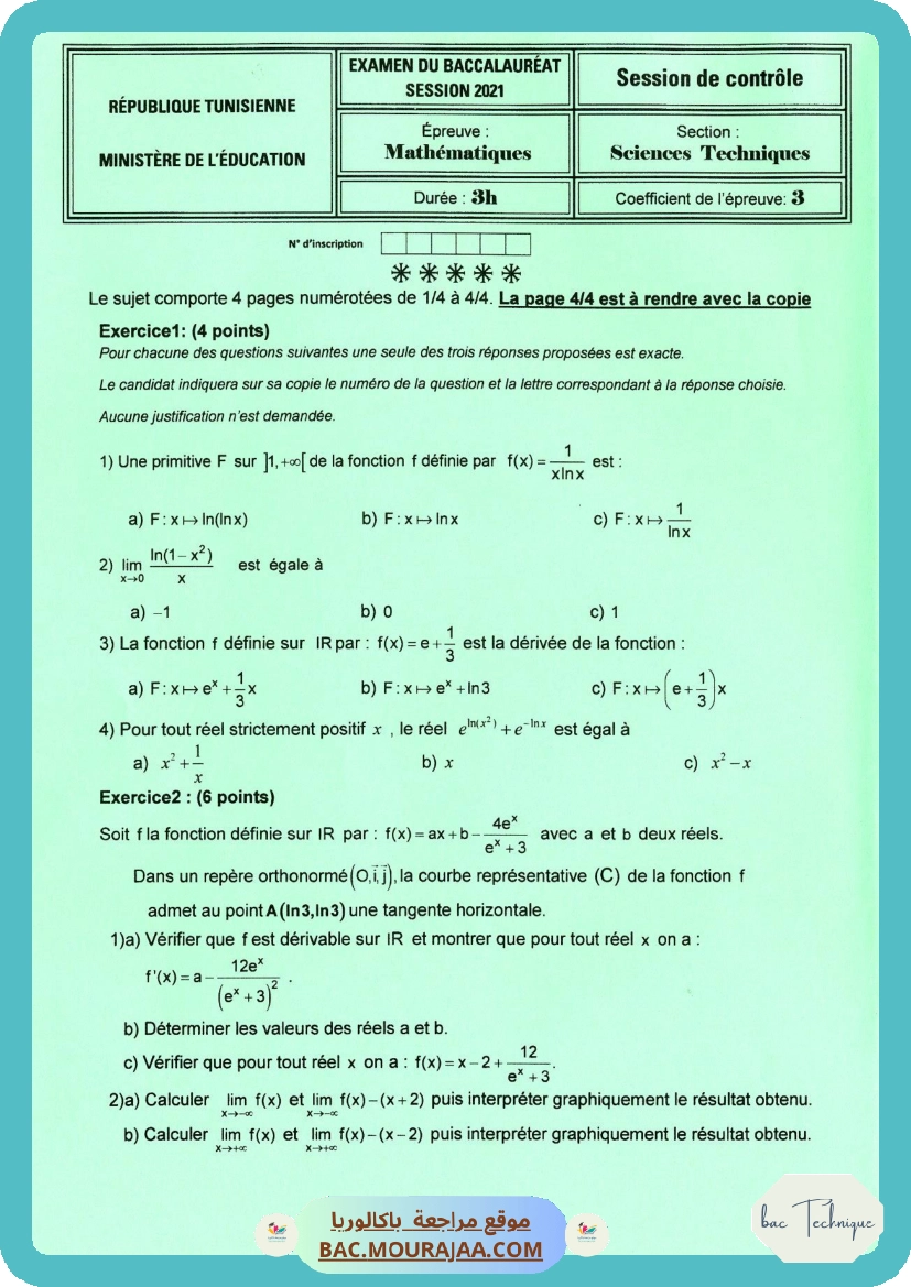 Sujet controle math Bac 2021 – Section technique